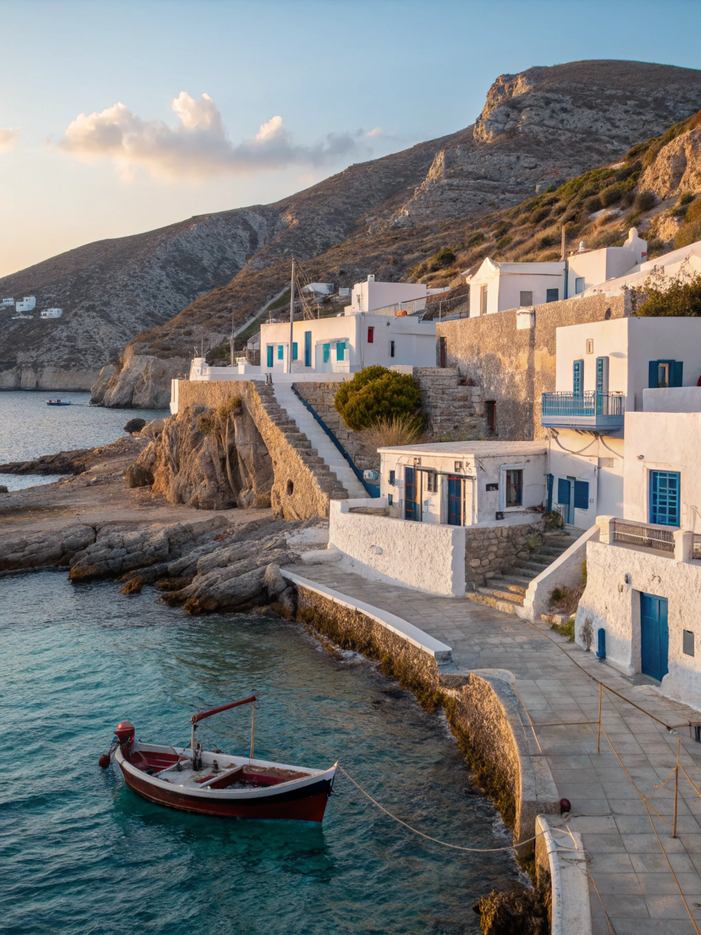 Scenic view of Andros island architecture and sea